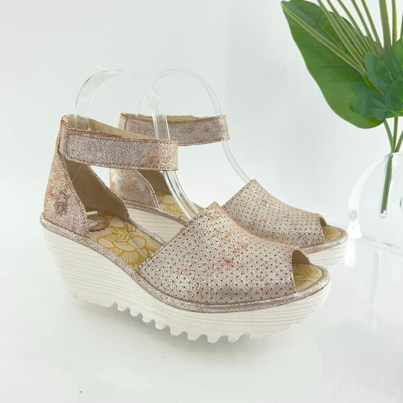 Fly London Women Yake Sandal Size 37 6 Pearl Leather Slingback Wedge Platform - Picture 1 of 14